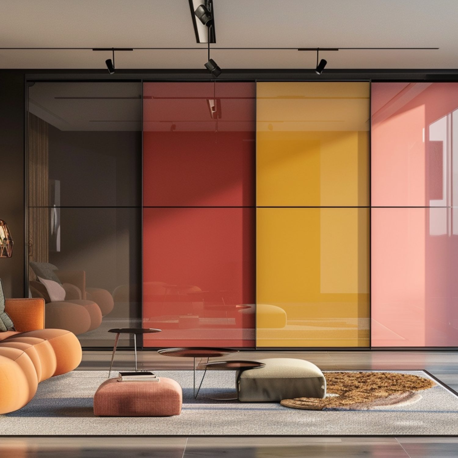 A modern living room with colorful sliding doors.