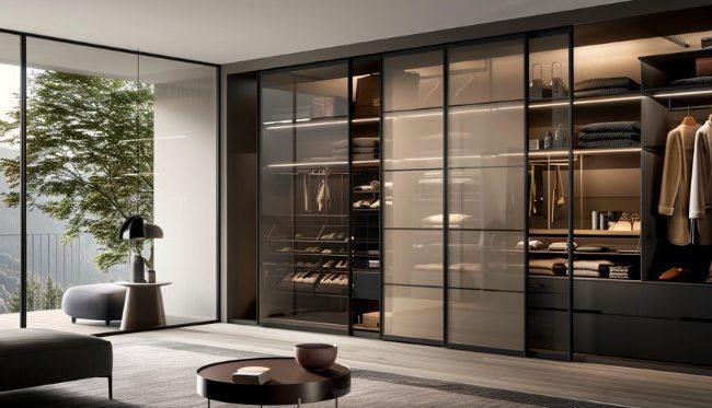 Glass sliding wardrobe in a contemporary bedroom