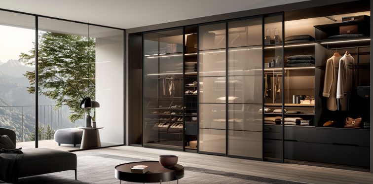Glass sliding wardrobe in a contemporary bedroom